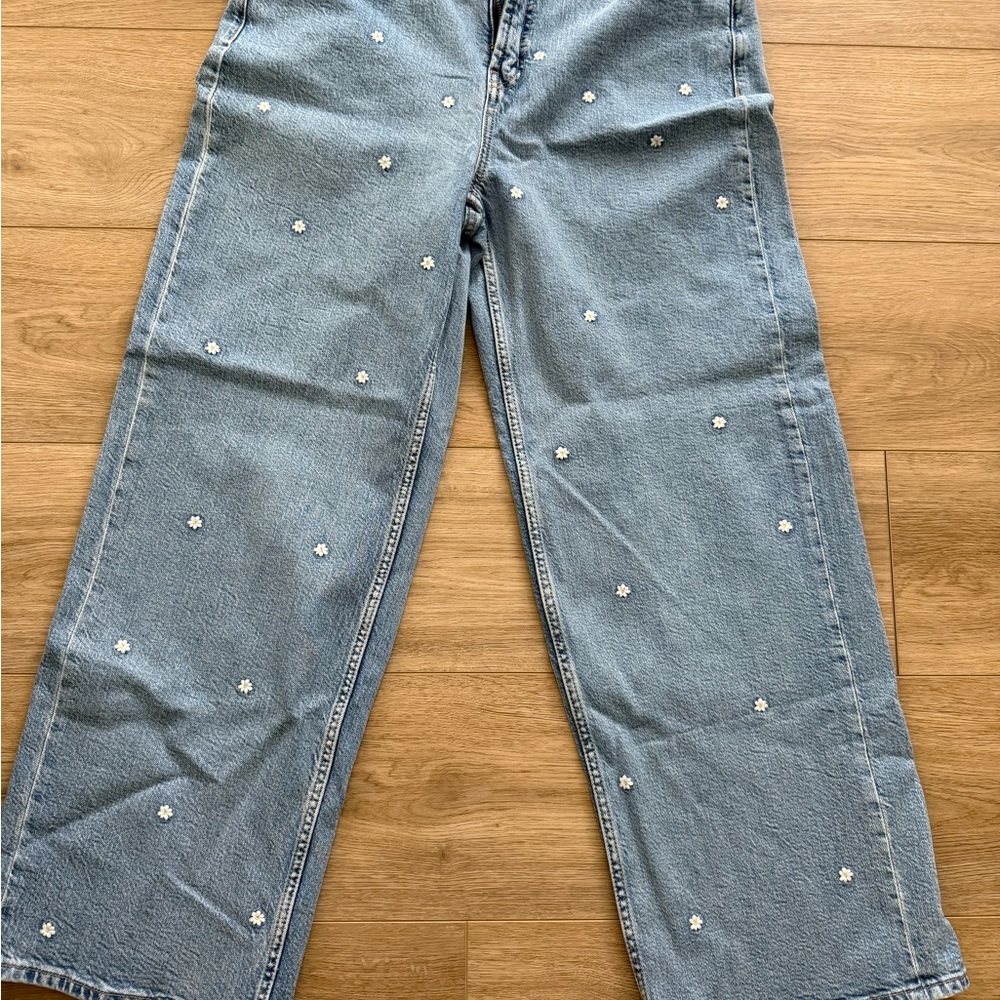 Old Navy Light Blue Wide Leg Jeans with White Floral Accents